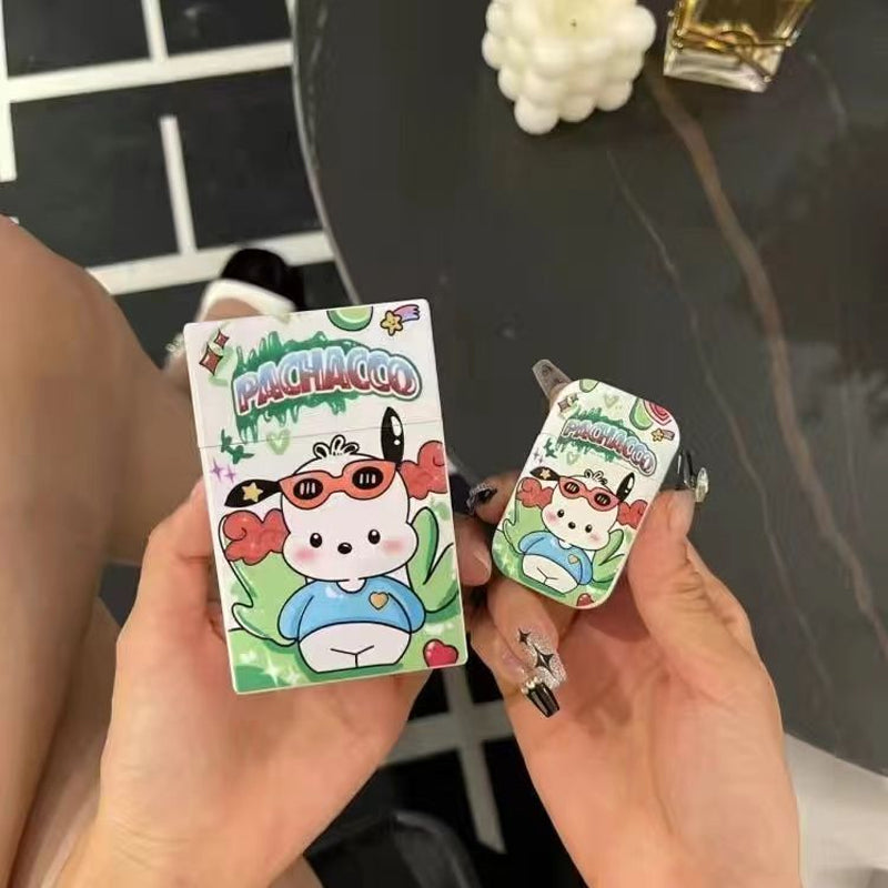 ポムポムプリン風キャラクター煙ケース＋ピンク炎ライター｜充填式・高デザイン・安全ロック付き