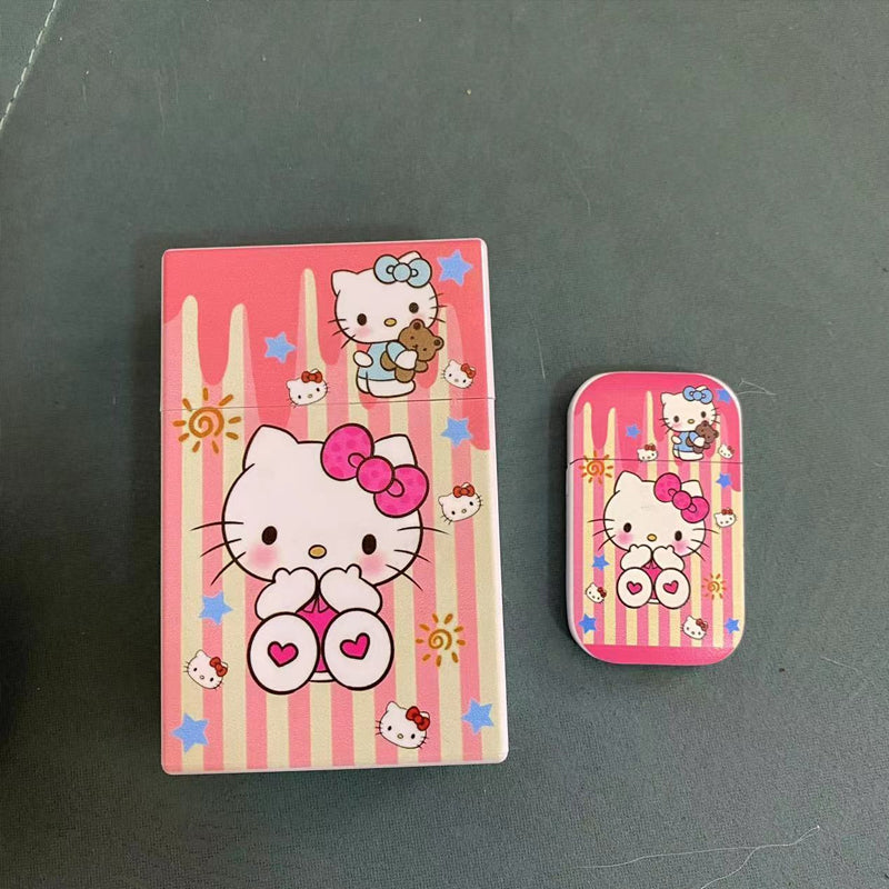 ポムポムプリン風キャラクター煙ケース＋ピンク炎ライター｜充填式・高デザイン・安全ロック付き