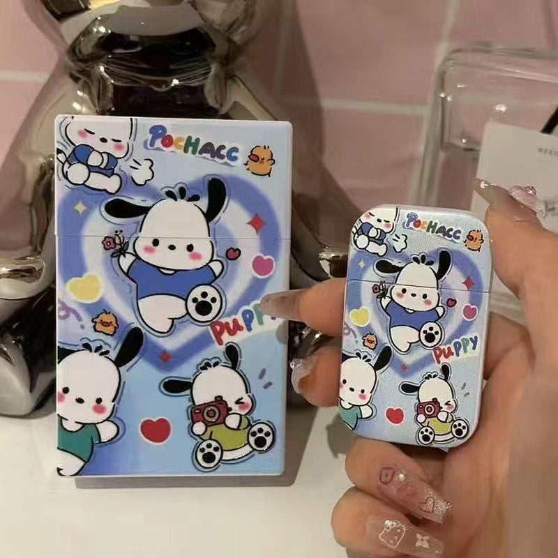 ポムポムプリン風キャラクター煙ケース＋ピンク炎ライター｜充填式・高デザイン・安全ロック付き