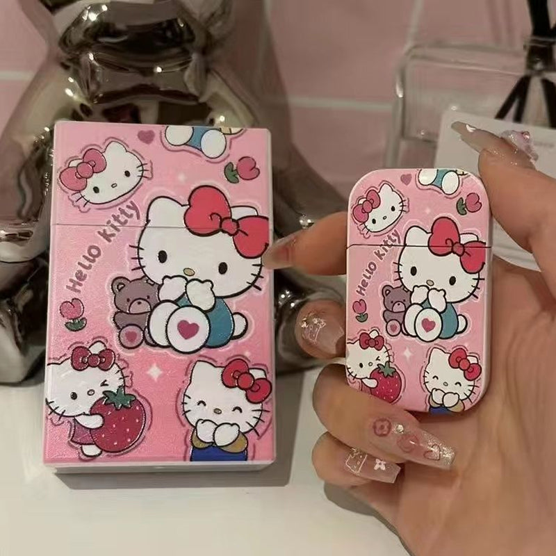 ポムポムプリン風キャラクター煙ケース＋ピンク炎ライター｜充填式・高デザイン・安全ロック付き