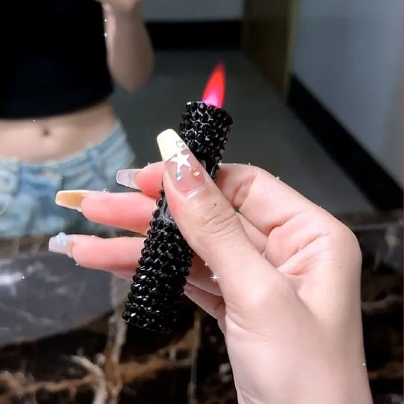 ダイヤモンド装飾ライター｜全体ダイヤ風・防風・ピンク炎・圧力式・シリンダー型・女性向け個性派ライター