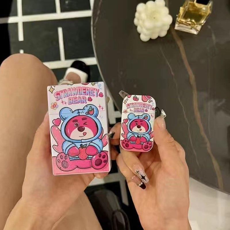 ポムポムプリン風キャラクター煙ケース＋ピンク炎ライター｜充填式・高デザイン・安全ロック付き